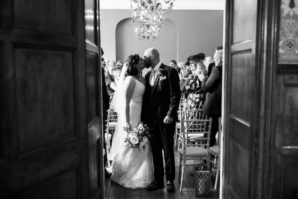 wedding photography at hodsock priory. The first kiss